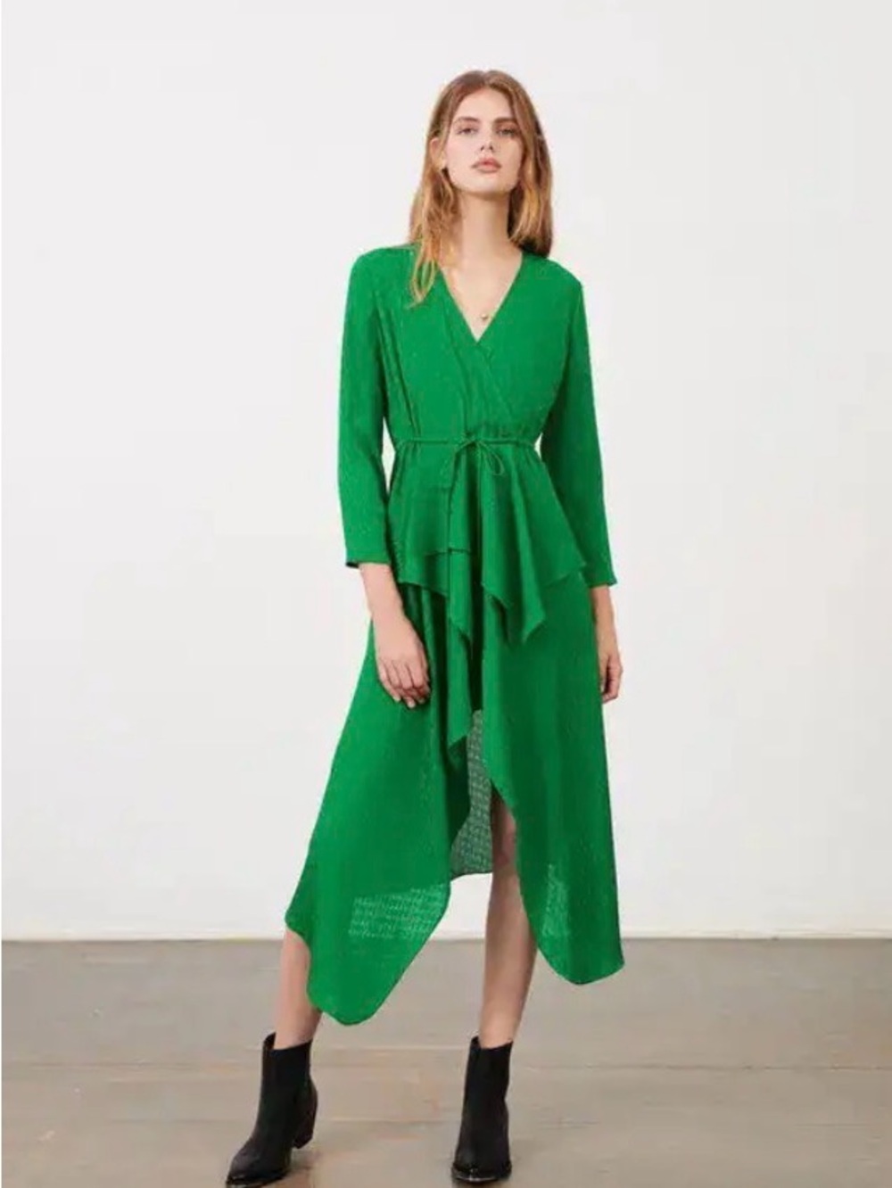 Maje Rosalieke Green V-Neck High-Low Wrap Dress